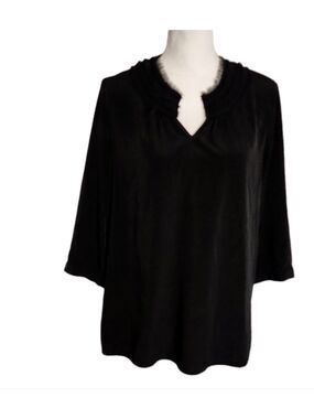 CHICO’S BLOUSE  SZ 1 TOP DARK BLACK FRINGE TUNIC PULLOVER BUTTON CUFFS silklike